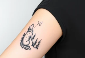 Lone wolf howling at the moon stars in the night sky in a forest with a little dove in the sky tattoo idea