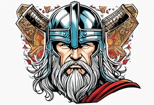 The Mighty Thor not so muscular profile with mjolnir with the entire design shown tattoo idea