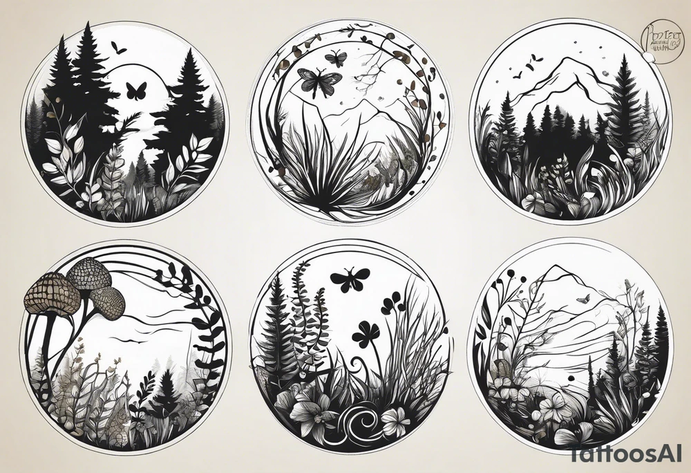 forest floor inspired minimalist tattoo, which includes grass, curly ferns, moss and dead leaves as the bulk of the tattoo. details to include: forest berries, a tiny bumblebee flying nearby, three small brown mushrooms
Generate a vertically long one tattoo idea