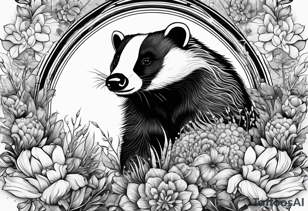 A trippy tattoo of a badger with a cub, flowers in fractal pattern tattoo idea