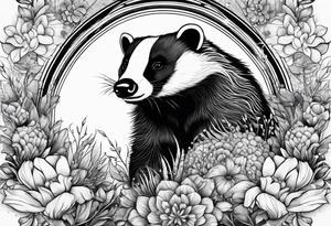 A trippy tattoo of a badger with a cub, flowers in fractal pattern tattoo idea