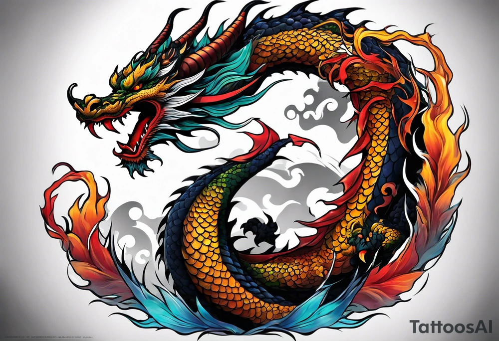 An epic floating asian dragon. Its long body coiling dynamically, with scales and horns detailed to create a sense of movement and strength. The dragon's color is giving a vibrant depth and a mystical aura. This tattoo highlights the dragon’s fierce expression and sharp claws. tattoo idea