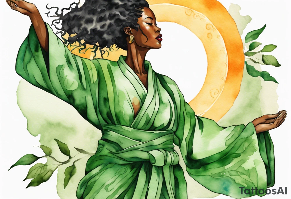 a beautiful black woman with tree roots for feet, wearing a green robe, arms reaching up towards the sun blazing in the sky tattoo idea