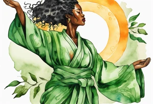 a beautiful black woman with tree roots for feet, wearing a green robe, arms reaching up towards the sun blazing in the sky tattoo idea