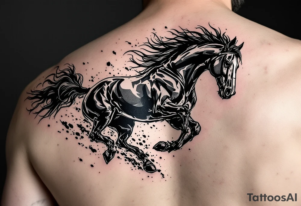 A wild black horse running across the ribs, capturing untamed and fierce freedom. tattoo idea
