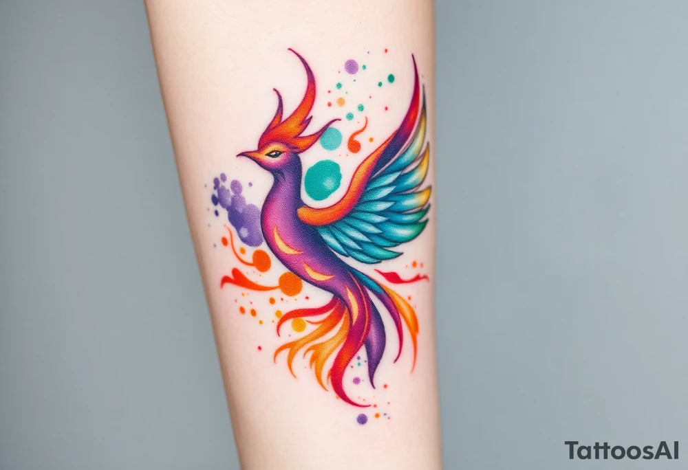 Phoenix engulfed in roaring flames with purple, orange, teal and green splashes tattoo idea