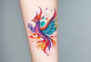 Phoenix engulfed in roaring flames with purple, orange, teal and green splashes tattoo idea