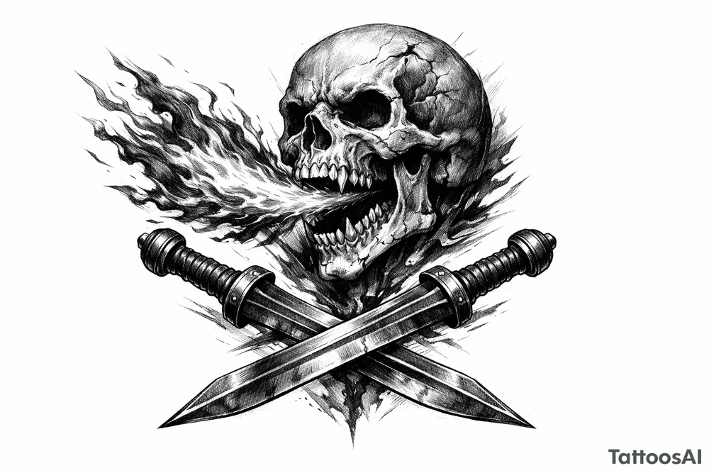 Skeletal skull breathing fire, crossed gladius swords below, dark realism. tattoo idea