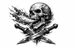 Skeletal skull breathing fire, crossed gladius swords below, dark realism. tattoo idea