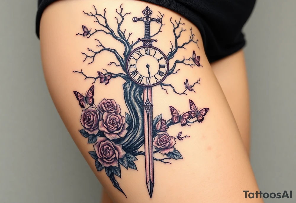 a big clock behind the big poisoned tree, big and small roses, big and small butterflies with a big sword behind it all tattoo idea