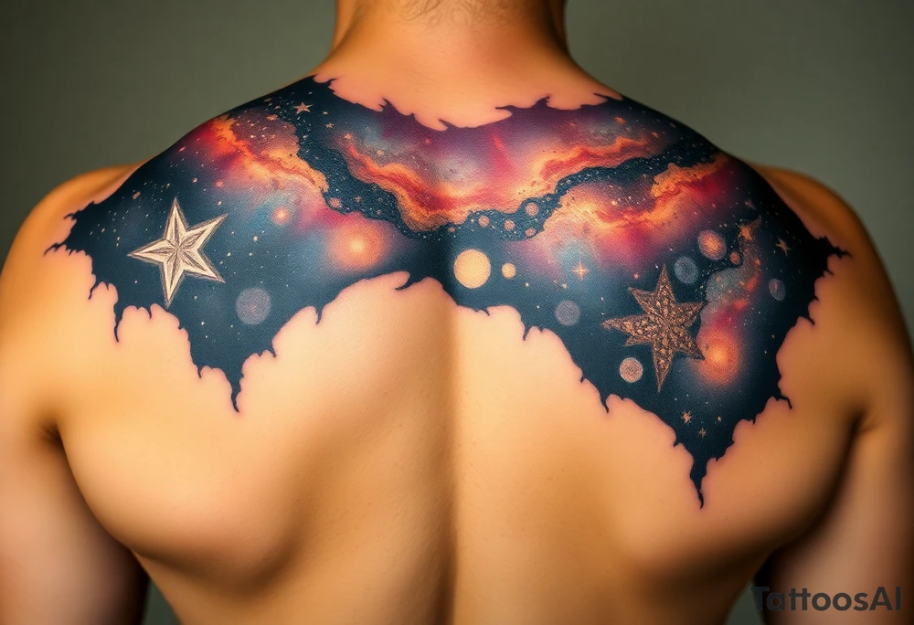 Beautiful and epic 3d milky way that appears to be what is beneath the skin. Make it drape over the shoulder and move to the middle back. use negative spaces to create stars and dust. Incorporate God breathing life into the universe. IKeep it symmetrical tattoo idea
