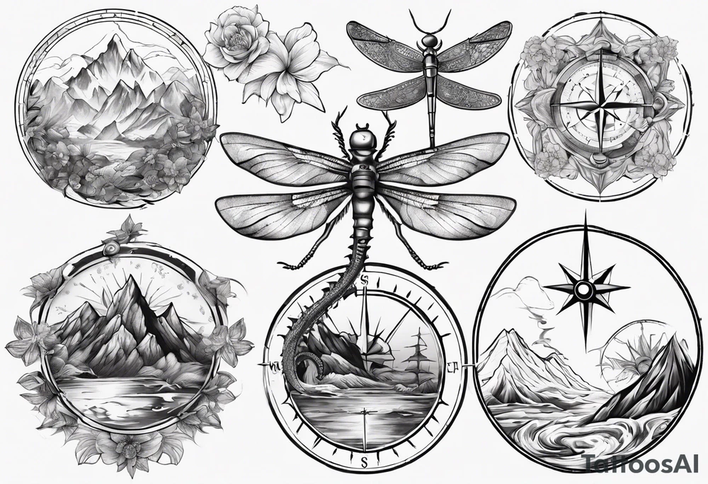 Compass, waves, mountains,
with flowers and dragon fly tattoo idea