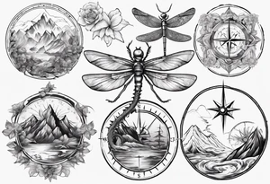 Compass, waves, mountains,
with flowers and dragon fly tattoo idea