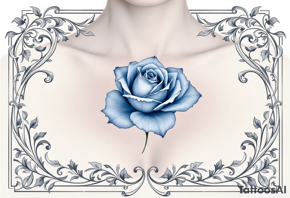 Blue rose in Art Nouveau frame, muted dusty blue petals with elegant, flowing metallic silver framing. tattoo idea