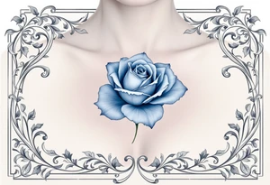 Blue rose in Art Nouveau frame, muted dusty blue petals with elegant, flowing metallic silver framing. tattoo idea