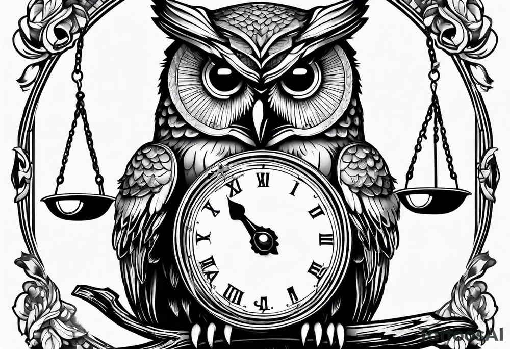 owl holding a scale with its claws tattoo idea