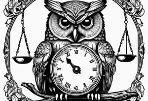 owl holding a scale with its claws tattoo idea