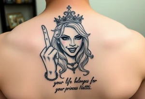 powerful blond findomme princess with crown on, holding up her middle finger laughing at you for being pathetic with caption “your life belongs to Princess Natti” tattoo idea