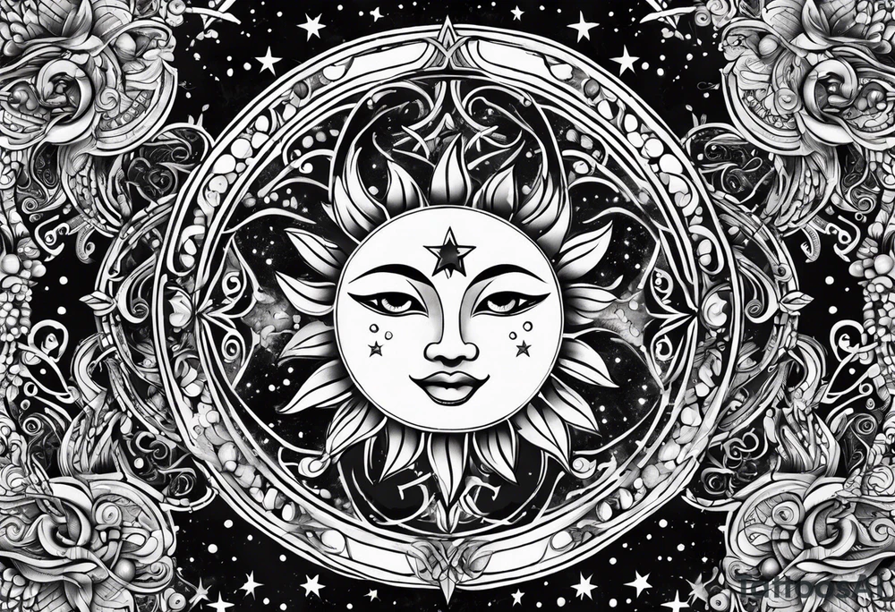 Sun and moon sternum swirls and dots and stars tattoo idea