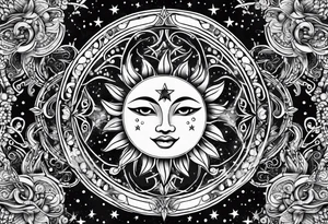 Sun and moon sternum swirls and dots and stars tattoo idea