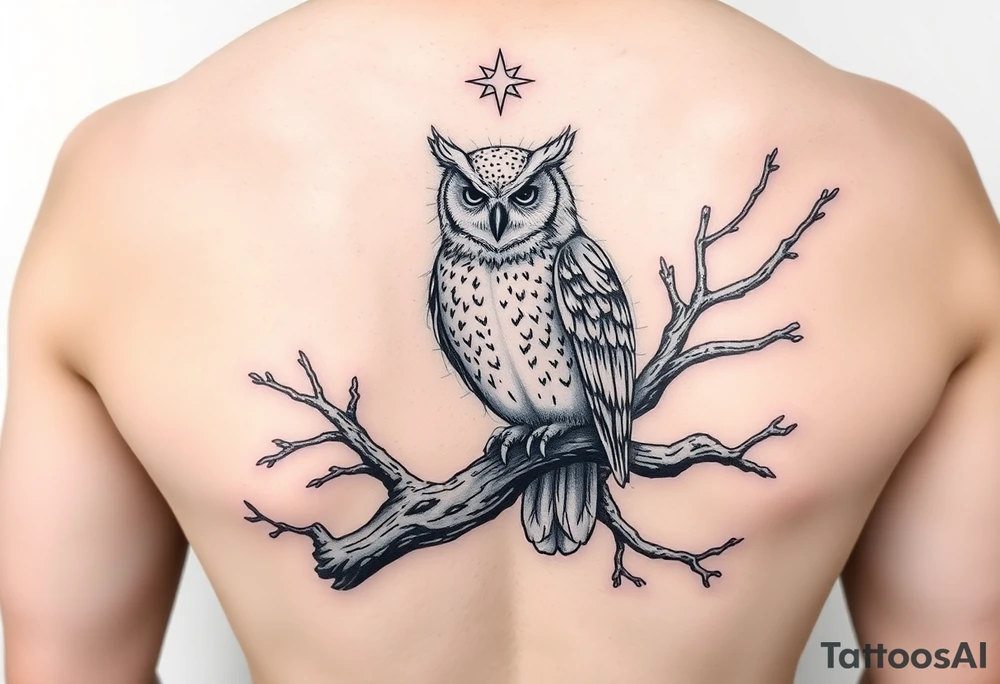 wise owl perched on ancient oak branch under starlit sky tattoo idea