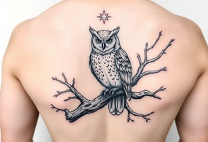 wise owl perched on ancient oak branch under starlit sky tattoo idea