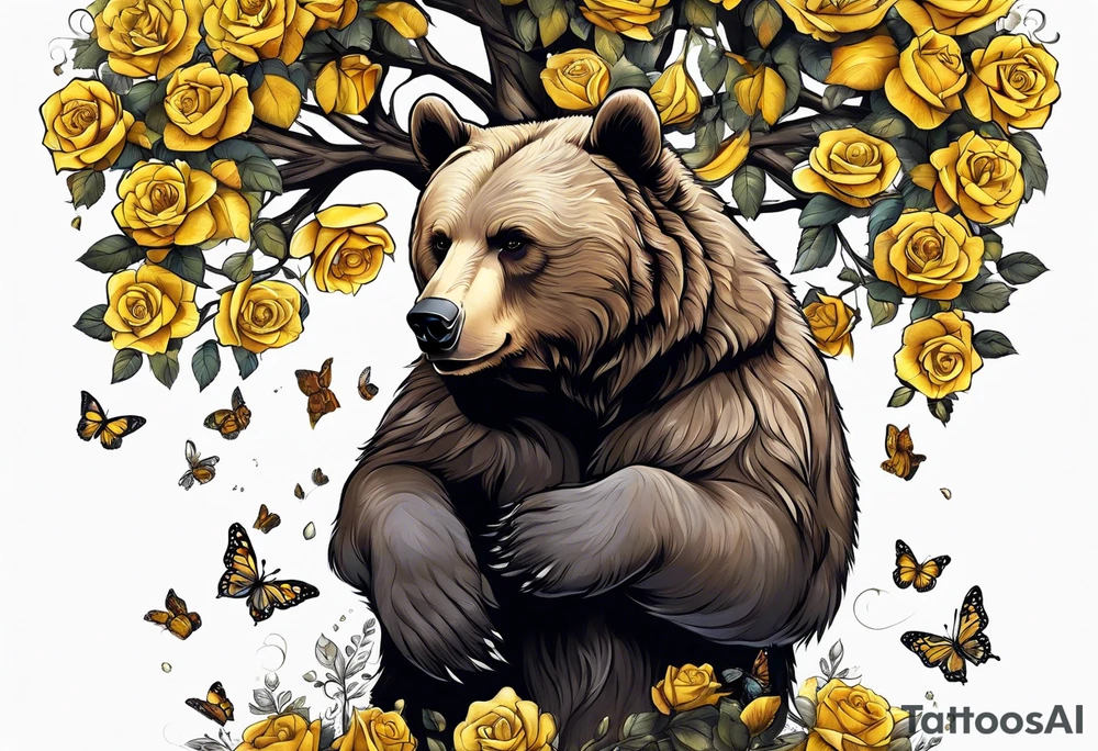Bear under the tree of life with yellow roses and three butterflies for an upper arm tattoo. tattoo idea