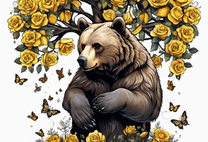 Bear under the tree of life with yellow roses and three butterflies for an upper arm tattoo. tattoo idea