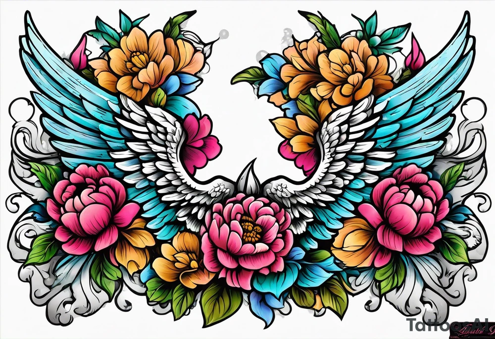beautiful angel wings with colorful, peonies. beautiful flilligree in the background , full color, traditional old school , white background tattoo idea