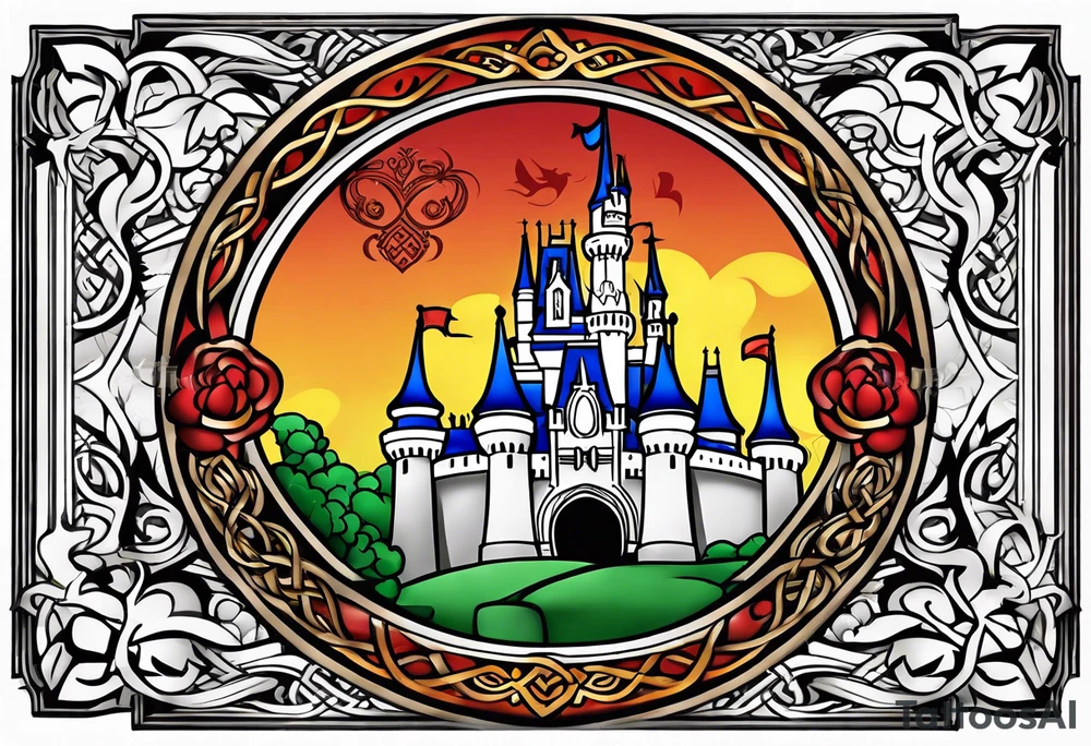 disney world castle with mickey mouse, martial arts, celtic symbol for family tattoo idea