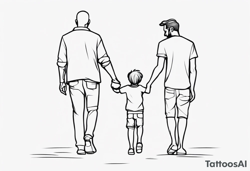 father and son walk away holding hands, one line tattoo idea