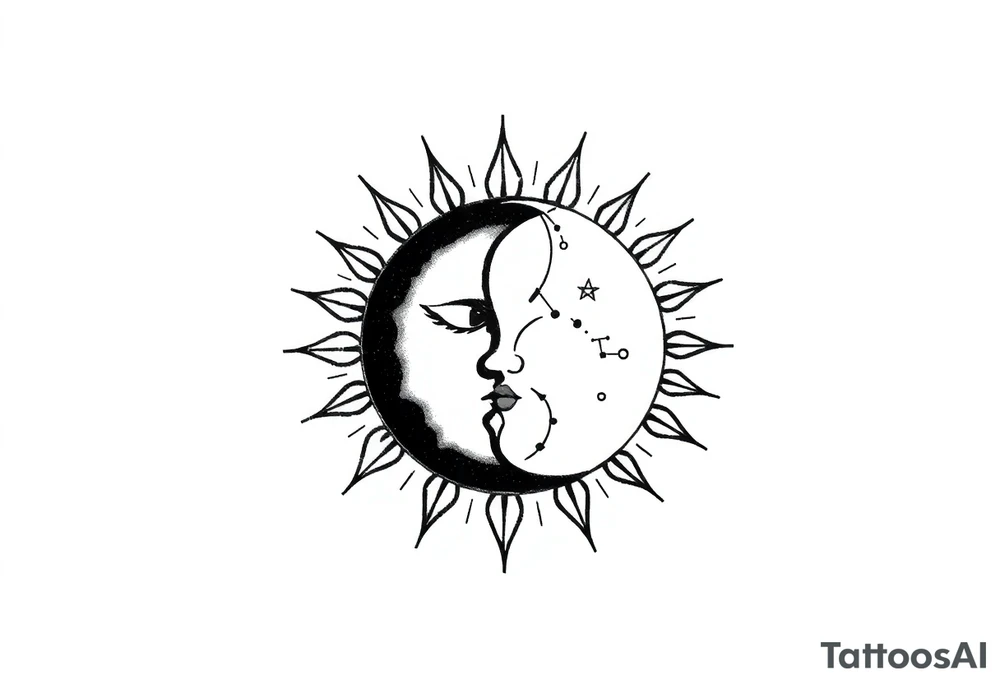 celestial sun and moon embrace with constellation patterns tattoo idea