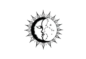 celestial sun and moon embrace with constellation patterns tattoo idea