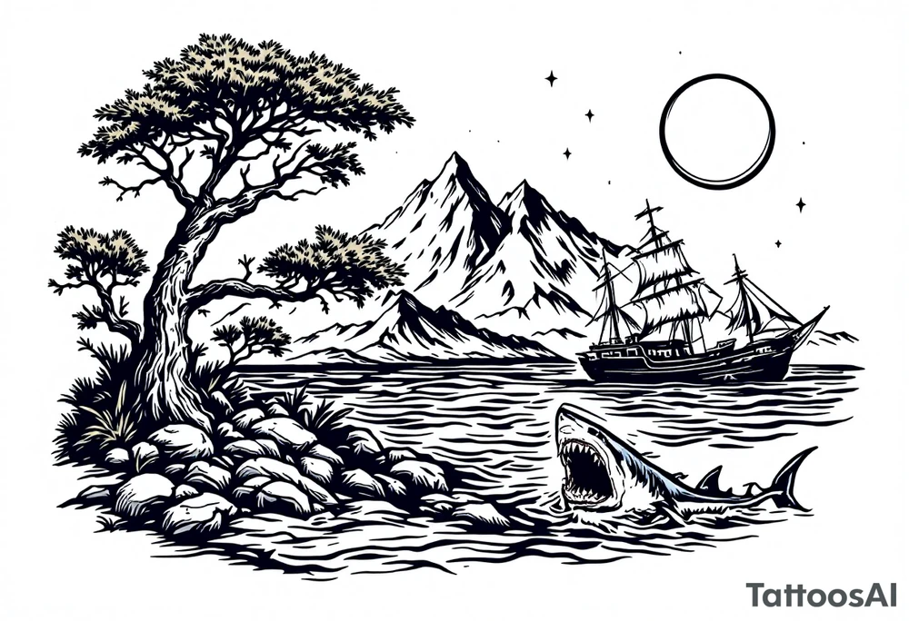 tattoo that has an acacia tree with mountains, ocean with a ship wreck with sharks and the northern star tattoo idea