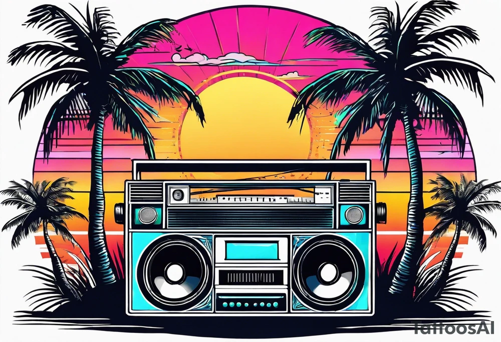 1980'S BOOM BOX MIAMI VICE STYLE, BEACH , PALM TREES, MUSIC NOTES tattoo idea