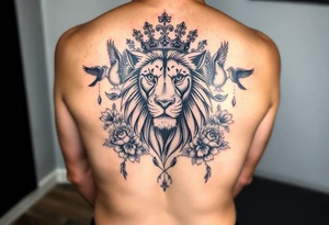 powerful majestic lion with a crown, surrounded by floral ornaments and birds tattoo idea