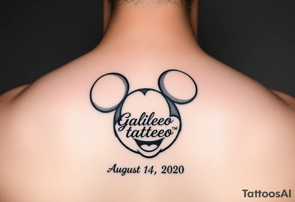 mickey mouse symbol with the name Galileo and the date August 14,2020, incorporated tattoo idea