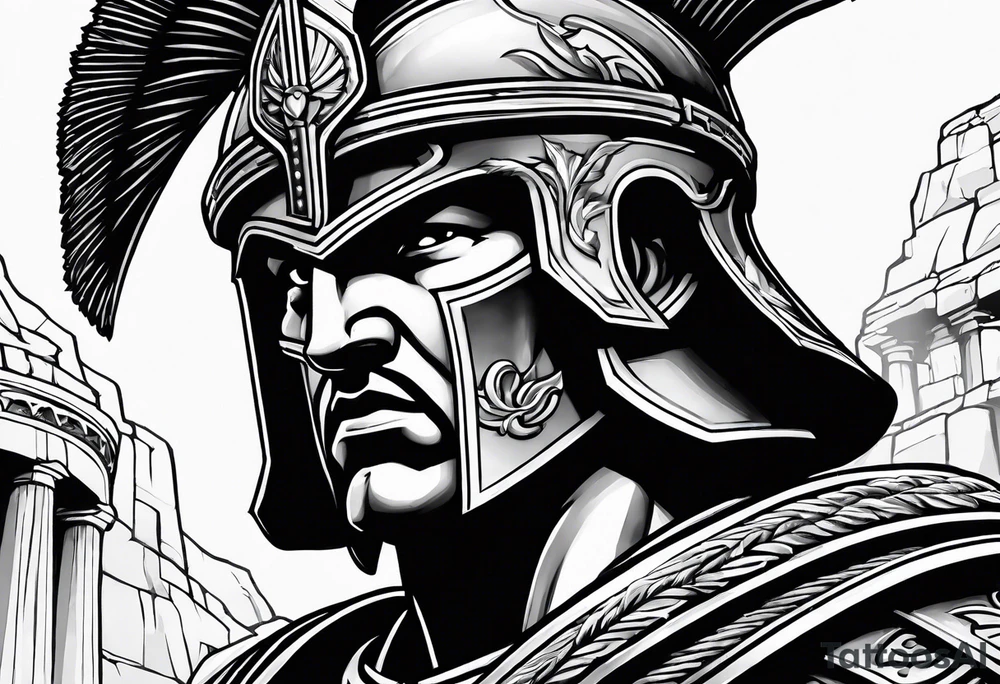 Close up of spartan solider looking left at Ancient pillars tattoo idea
