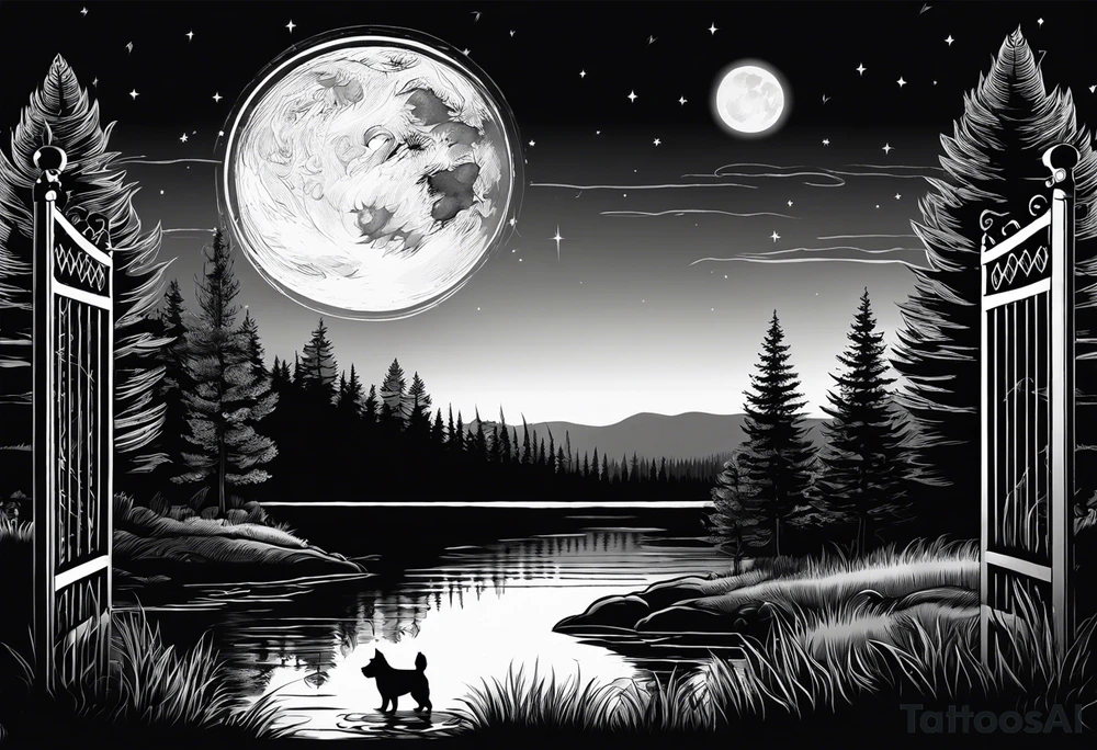 A forest with a lake. In the middle of the lake there is a gate. Outside of the gate sitting a yorkshire terrier. Full moon on backroun. The moon is crying. tattoo idea