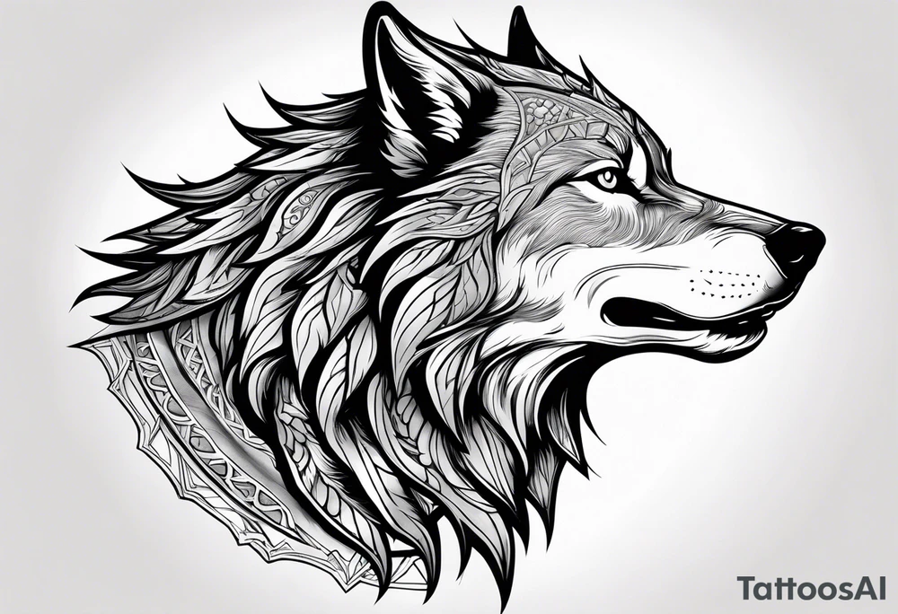 realistic style fenrir wolf in profile, include in it's forehead a diamon shape of hair (and some kind of armor) like a helmet tattoo idea