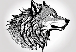 realistic style fenrir wolf in profile, include in it's forehead a diamon shape of hair (and some kind of armor) like a helmet tattoo idea