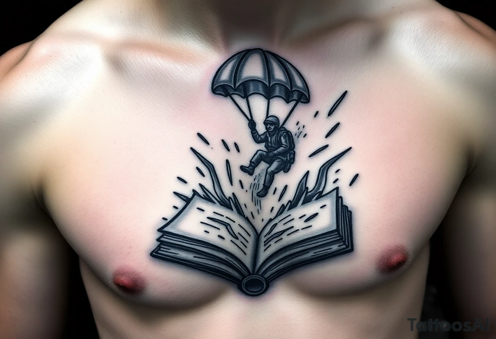 A parachuting soldier landing into an open book. Chaos surrounding, but the book is protecting the soldier from it. On the chest. Make the tattoo smaller. Make it thought provoking. Make the chaos in the environment be a thunderstorm tattoo idea