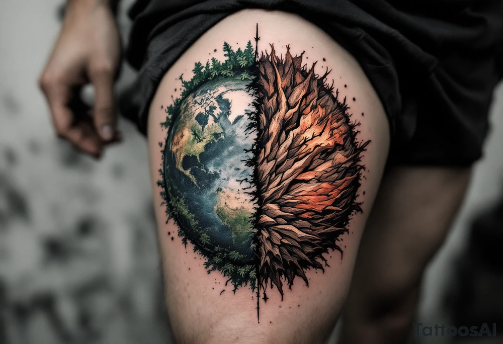 A split Earth showing one half green and healthy, the other half in red and brown decay, makes a powerful thigh piece. tattoo idea