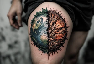 A split Earth showing one half green and healthy, the other half in red and brown decay, makes a powerful thigh piece. tattoo idea