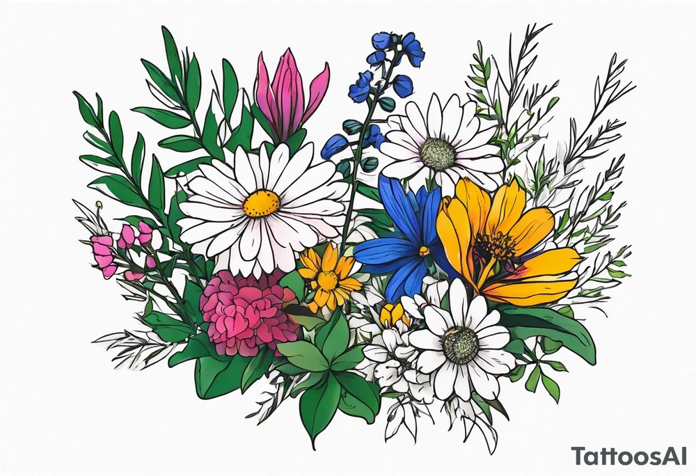 saturated mixed wildflower bouquet with greenery and detailed with color tattoo idea
