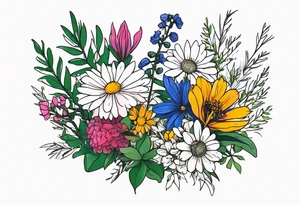 saturated mixed wildflower bouquet with greenery and detailed with color tattoo idea