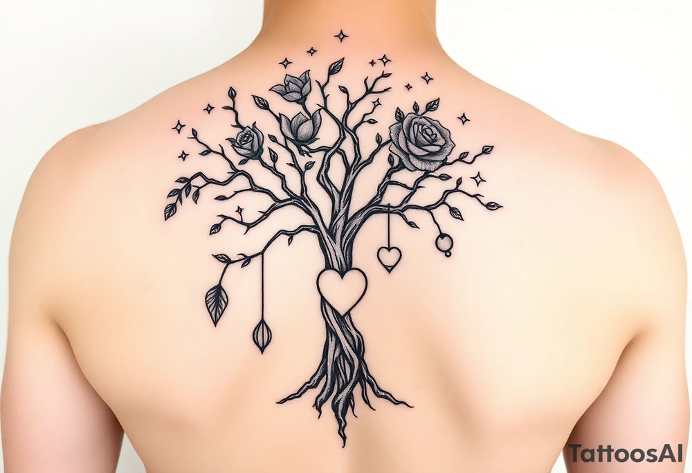 For the shoulder:

Here’s a visual sketch of the Cosmic Tree of Life tattoo concept for your shoulder 🌳✨
	•	Trunk & Roots – grounding, curving toward the chest.
	•	Rose blooming at the end of one branch.
	•	Geisha Fan hanging delicately from another branch.
	•	Scales + Heart as fruit of the tree.
	•	Pawprint carved into the trunk, subtle but personal.
	•	Cosmic stars in the background, adding that mystical, otherworldly aura.

This design flows naturally, ties into your symbolism, and can be shaded/colored to look powerful and feminine at the same time. tattoo idea