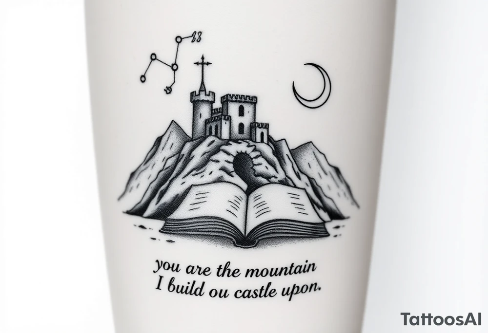 A small crumbling castle on a rocky mountain with an open book under the mountain. Above the castle are the 3 constellations aries, Libra and Sagittarius and a crescent moon. Underneath the open book are the words "you are the mountain I build my castle upon" tattoo idea