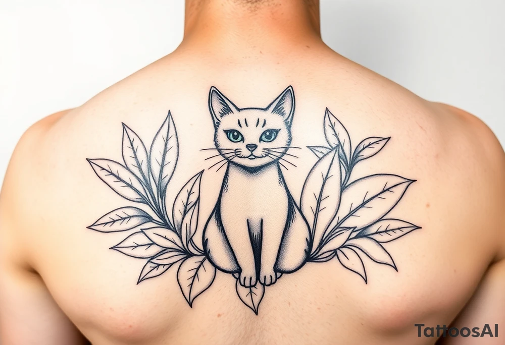 Minimalist cartoon style tattoo of a nebulung cat surrounded but house plants with huge leaves tattoo idea