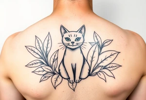 Minimalist cartoon style tattoo of a nebulung cat surrounded but house plants with huge leaves tattoo idea
